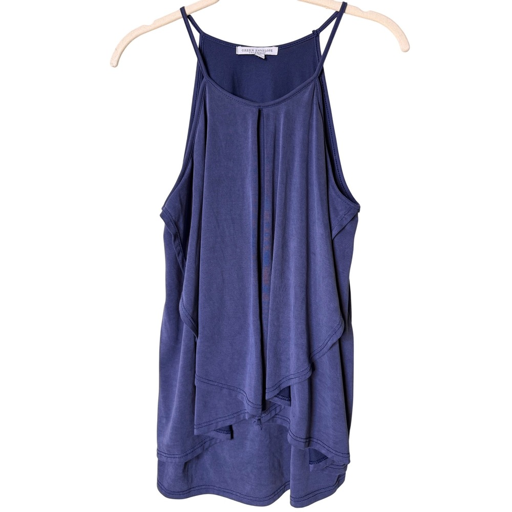 Green Envelope Navy Blue Halter Tank Top Draped Tiered Front Modal Blend Medium